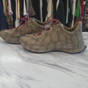 Gucci Beige Monogram Sneakers with Red Laces